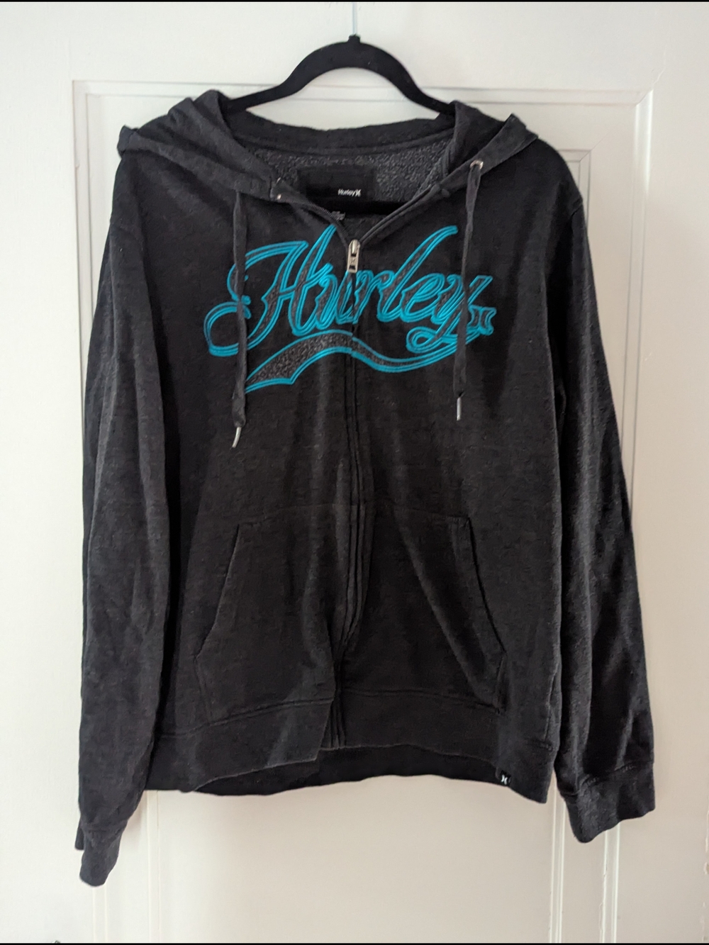 Hurley Charcoal Zip-Up Hoodie with Teal Script